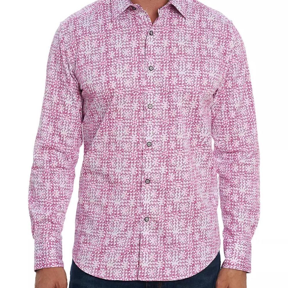 EUC Men's Robert Graham Pink White Print Betts Flip Cuff Stretch Shirt Sz SMALL